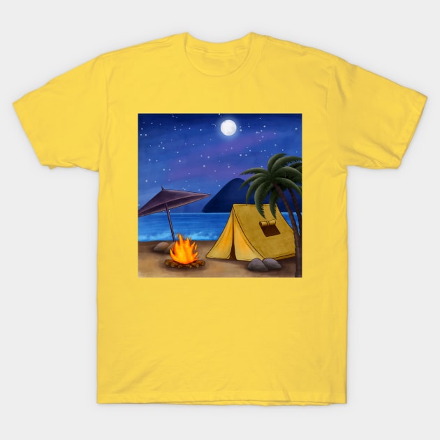 Summer Night Illustration With Tent Beach T-Shirt by Mako Design 